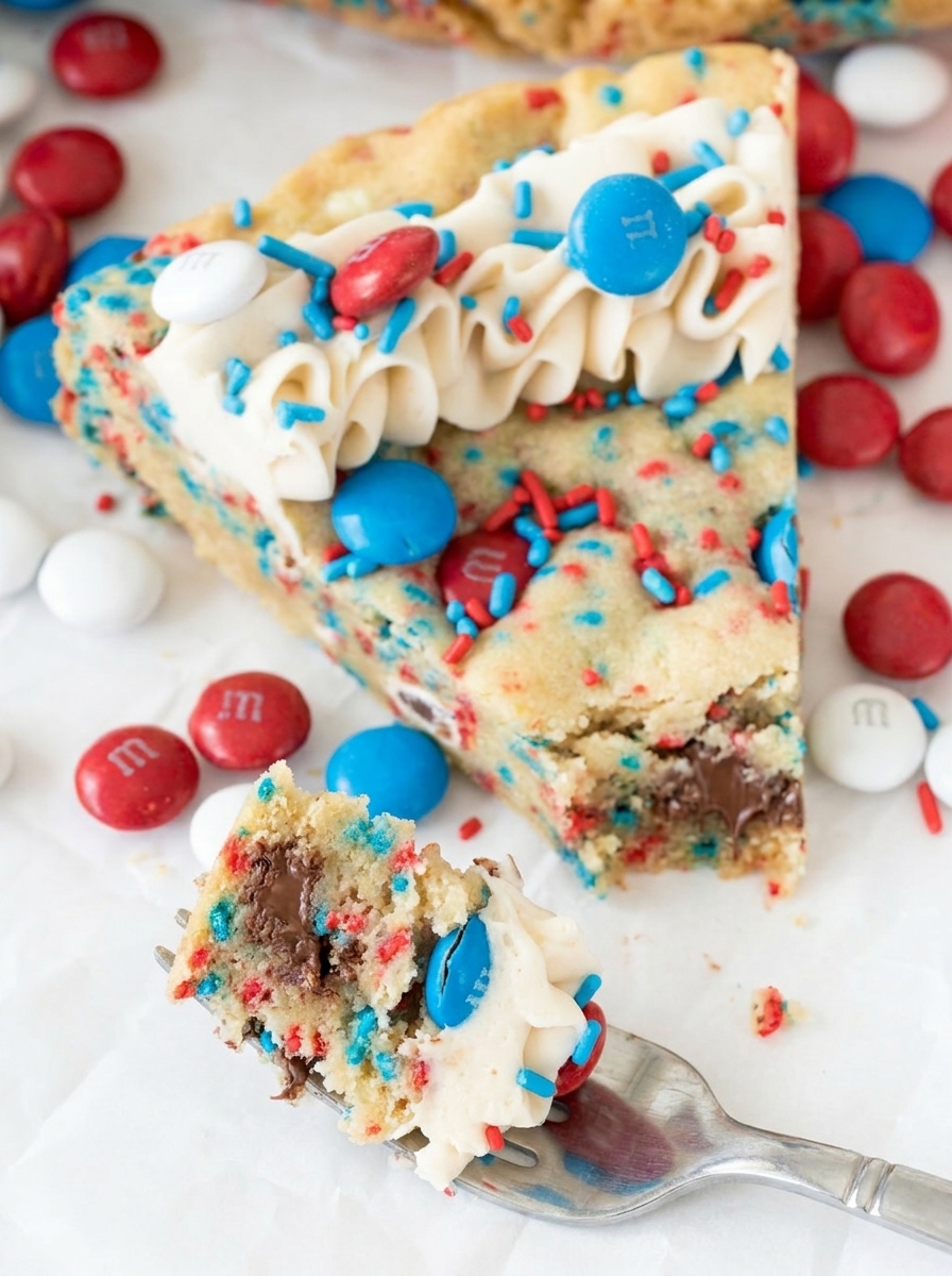A slice of a sugar cookie cake with blue and red icing.