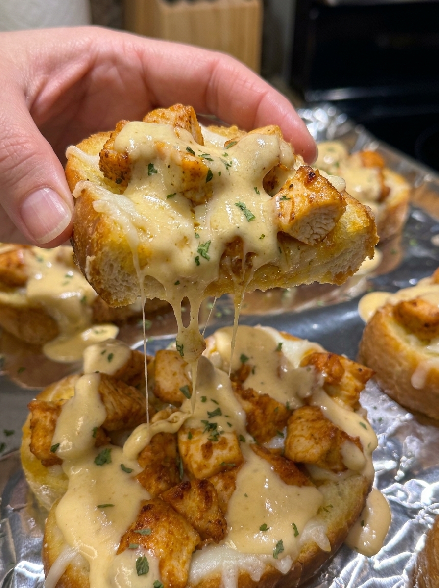 A piece of chicken alfredo garlic toast.