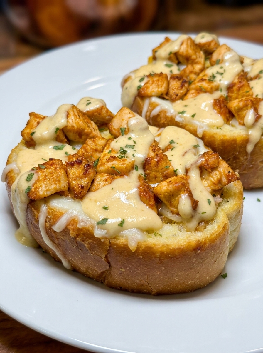 A plate of garlic toast with chicken alfredo.