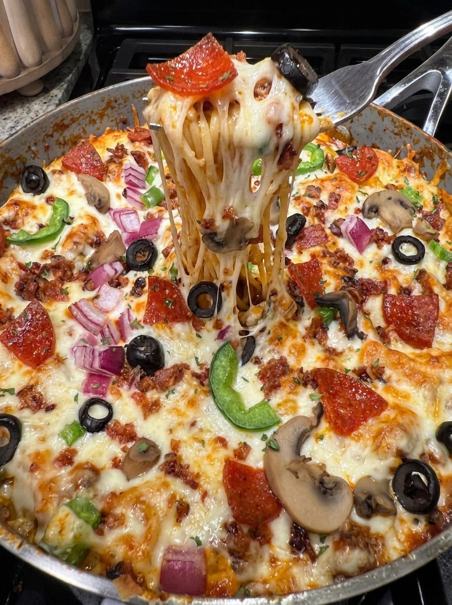 A pizza with spaghetti on top.