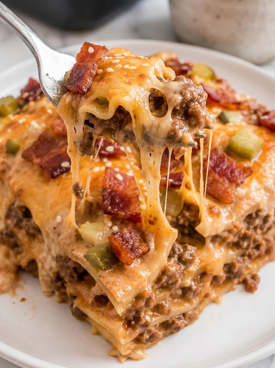 A close up of a cheeseburger lasagna with bacon.