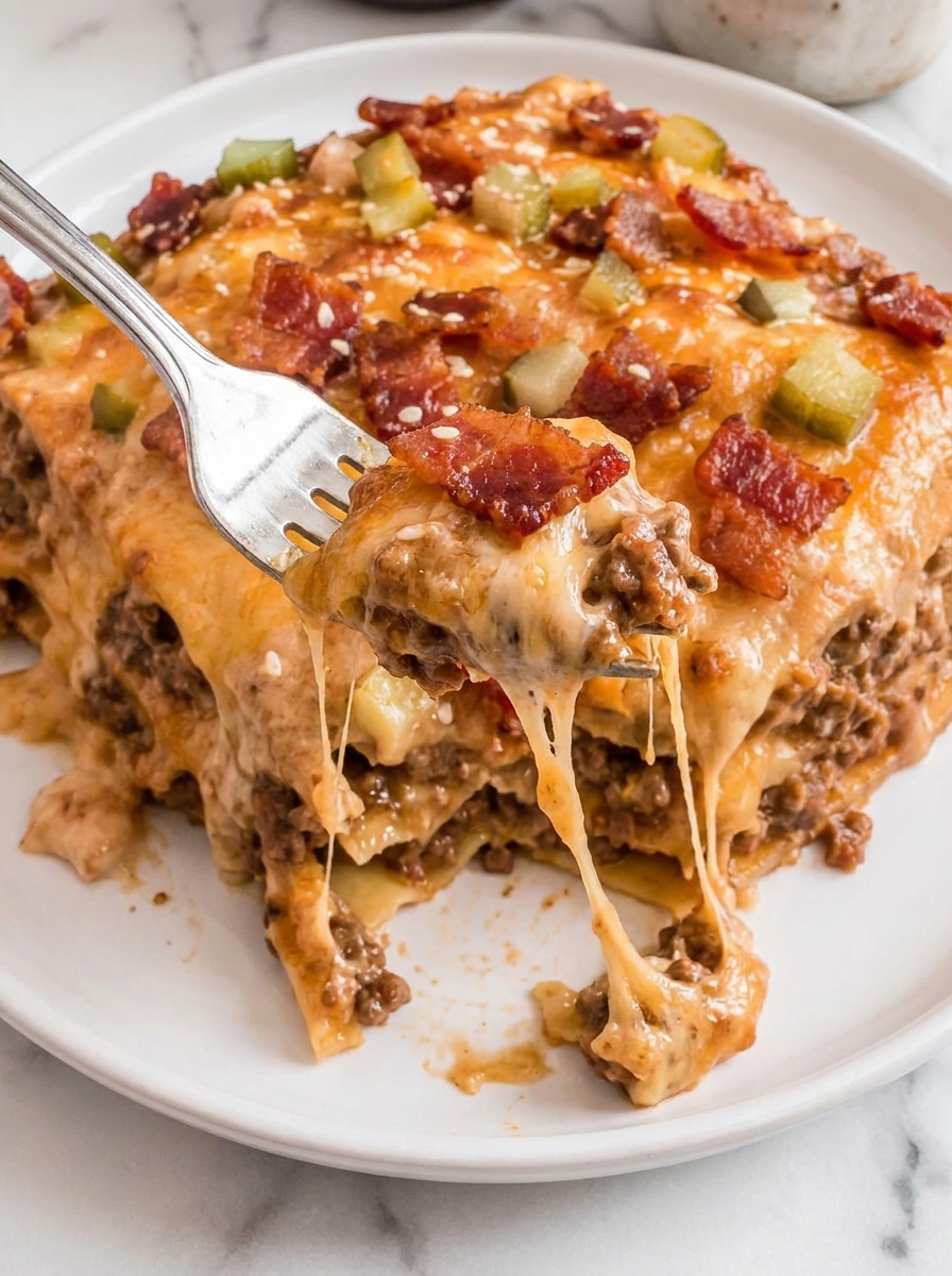 A fork is being used to eat a bacon cheeseburger lasagna.