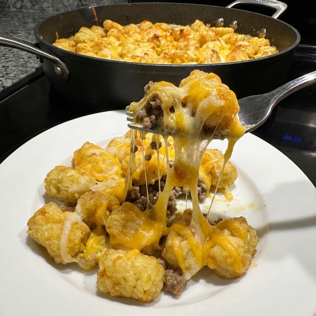 A plate of cheesy tator tots.