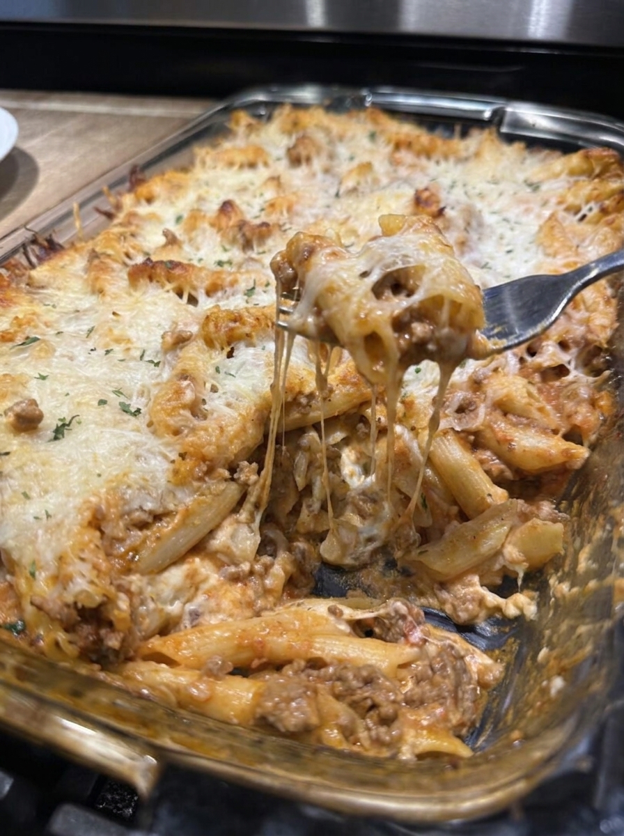 A close up of a delicious baked ziti dish.