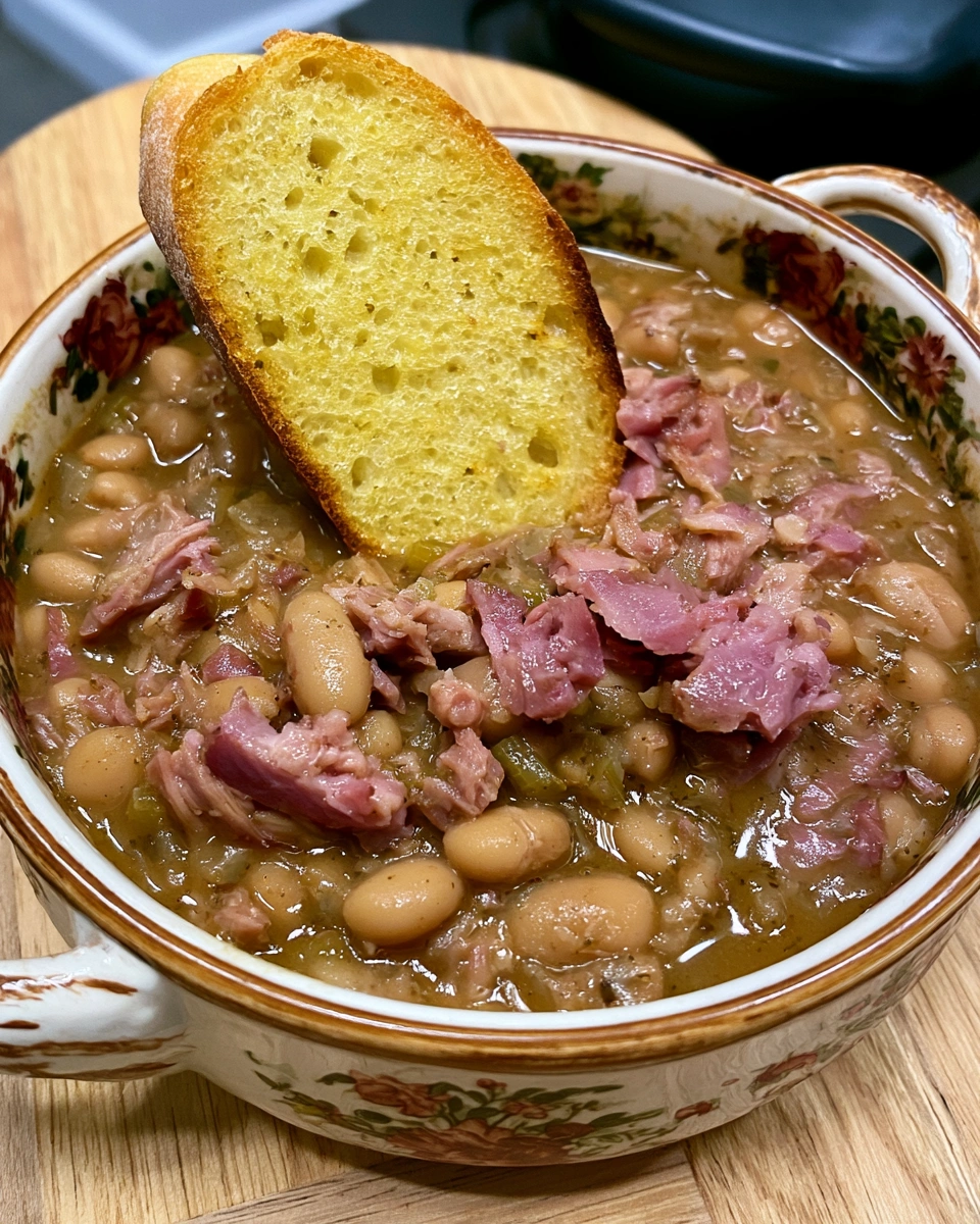 A bowl of soup with a slice of bread on top.