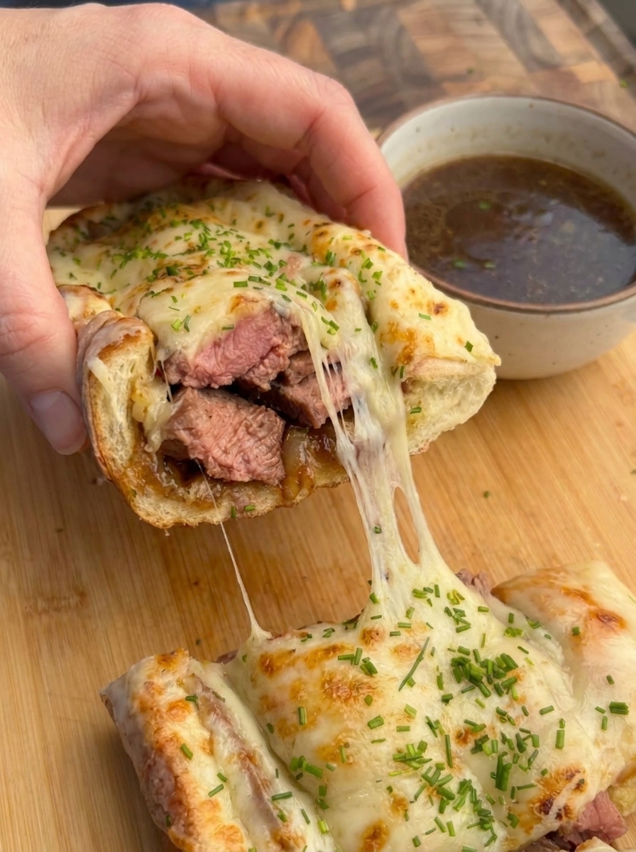 A slice of steak stuffed bread boat.