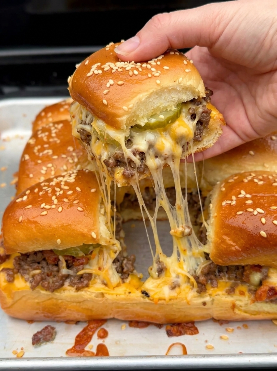 A person is holding a piece of a bacon cheeseburger pickle ranch slider.
