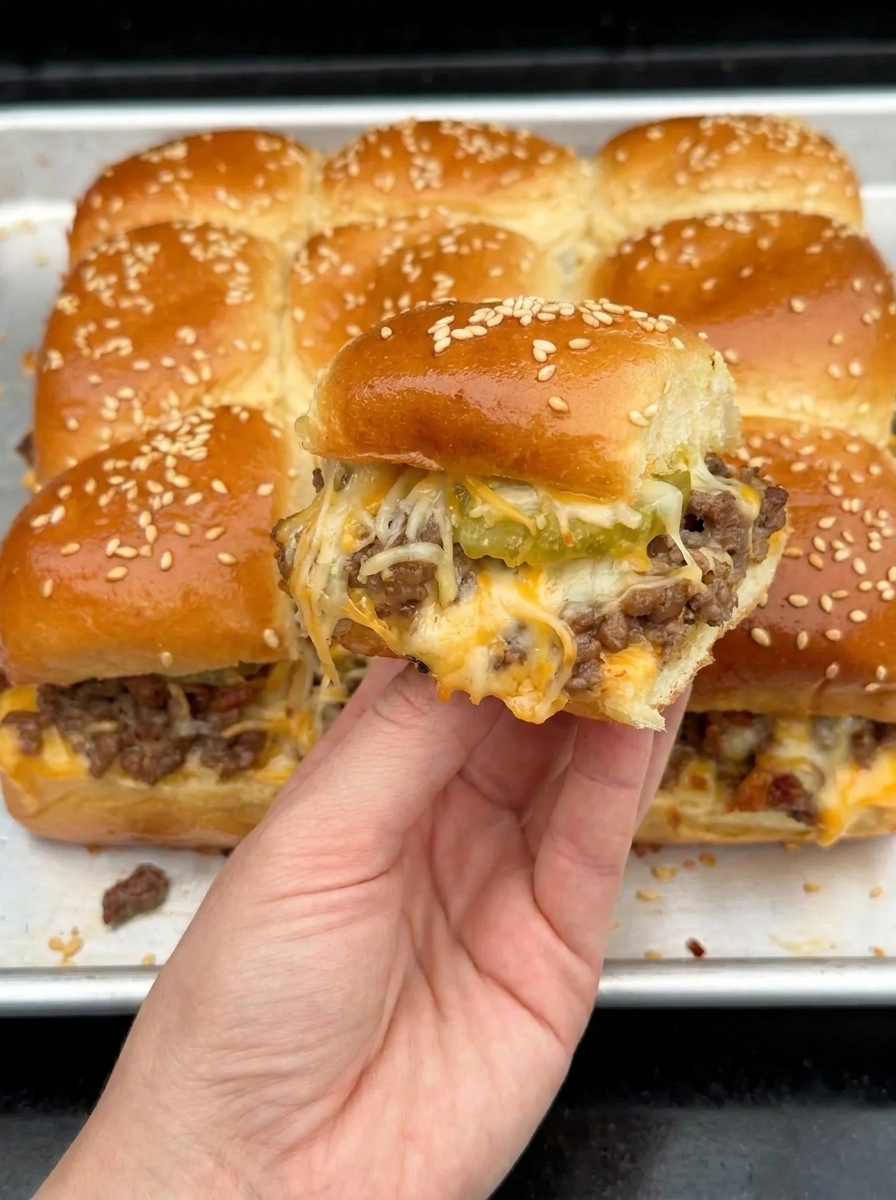 A person is holding a bacon cheeseburger pickle ranch slider.