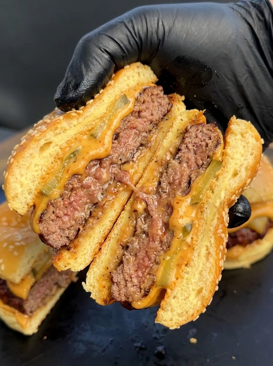 A person is holding a half of a smoked cheddar jalapeño stuffed burger.