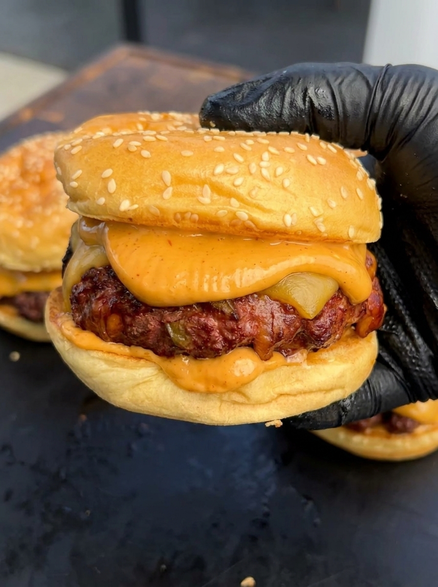A person is holding a smoked cheddar jalapeño stuffed burger.