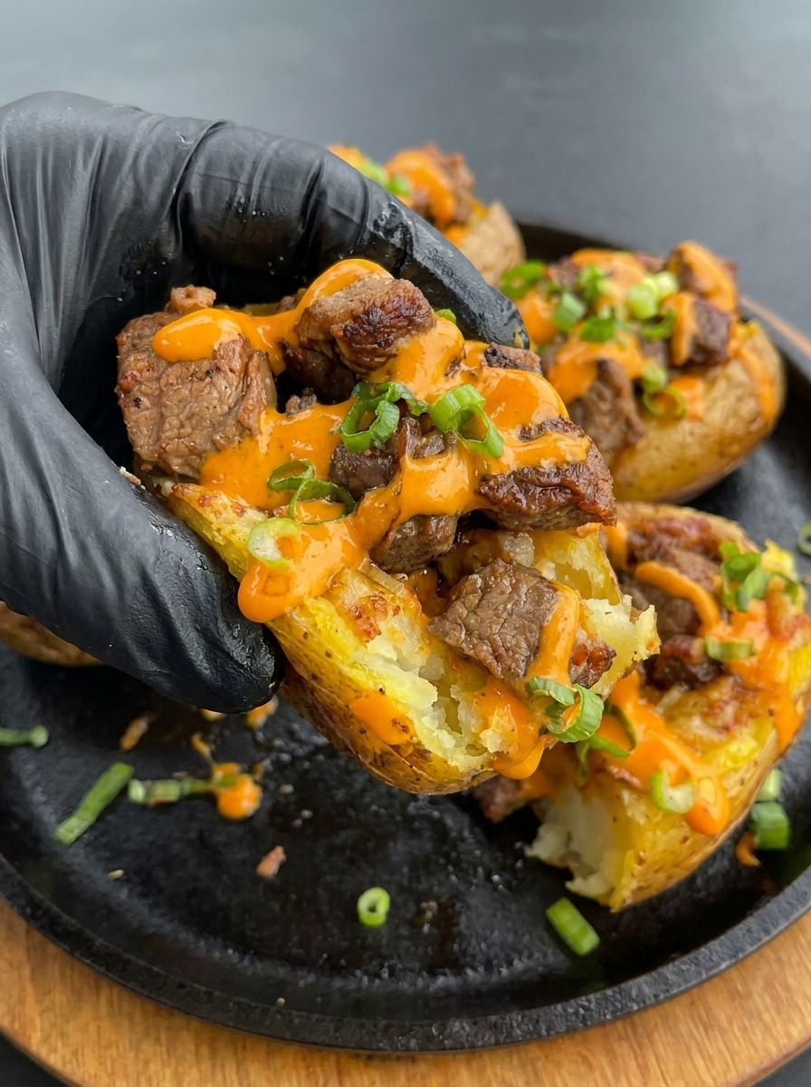 A person is holding a loaded baked potato with steak bites and chipotle mayo.