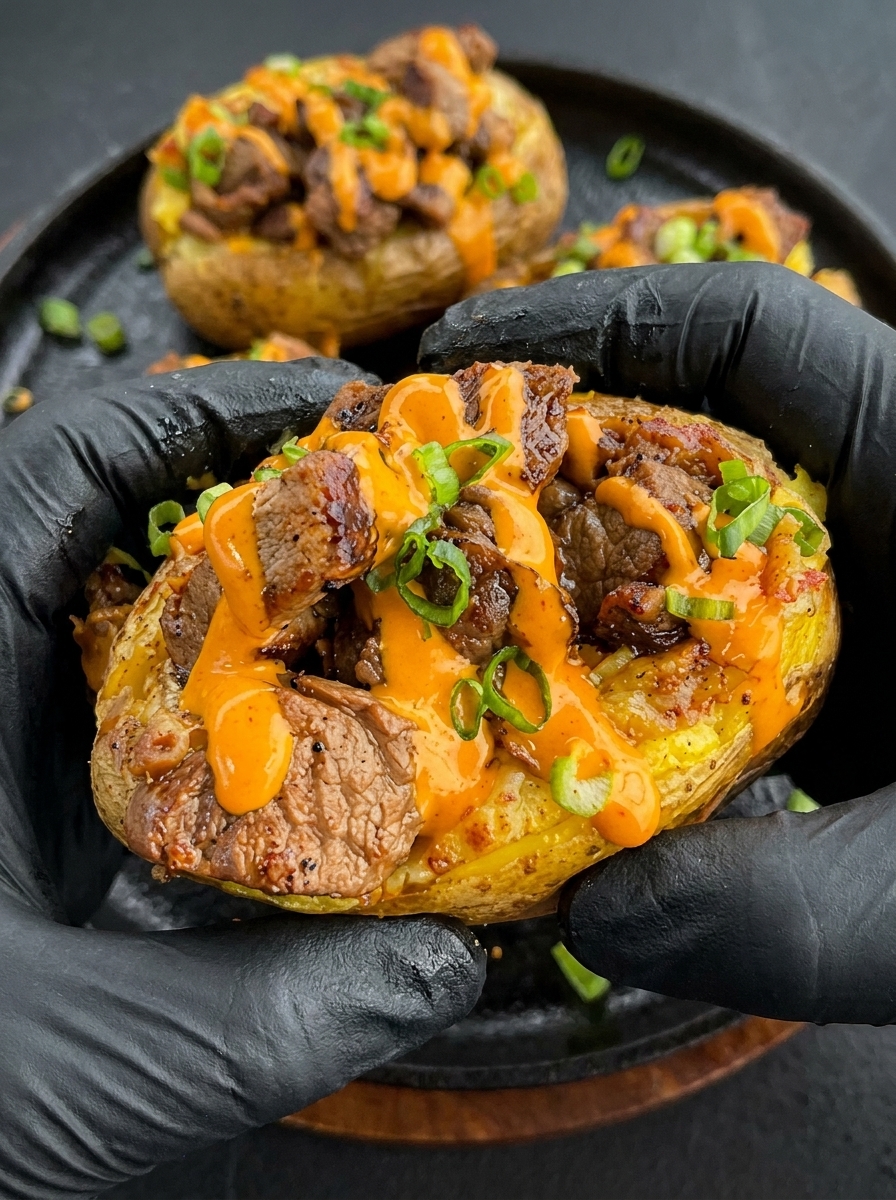 A person is holding a loaded baked potato with steak bites and chipotle mayo.