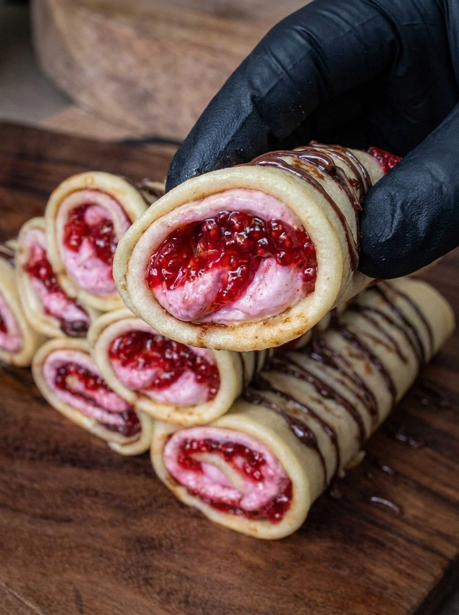 A person is holding a strawberry cheesecake crepe.