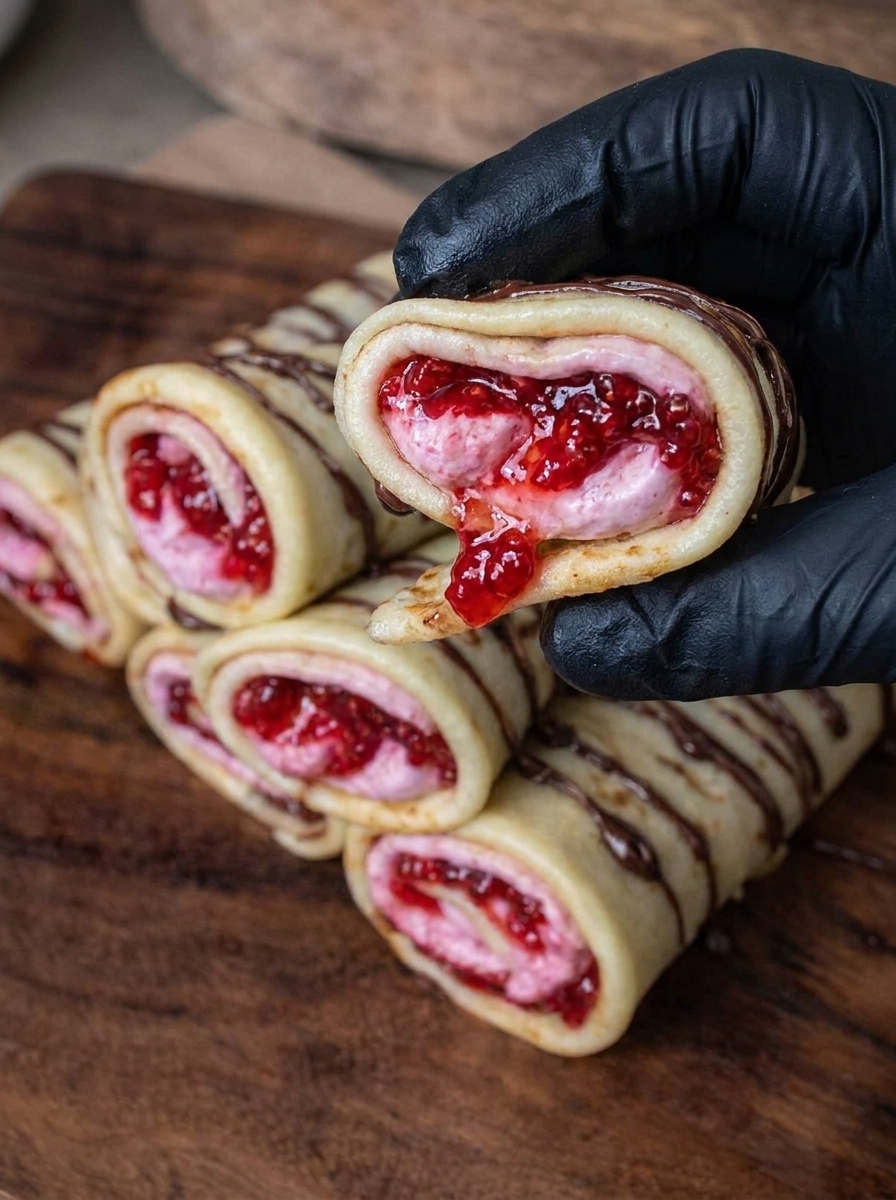 A person is cutting a strawberry cheesecake crepe.
