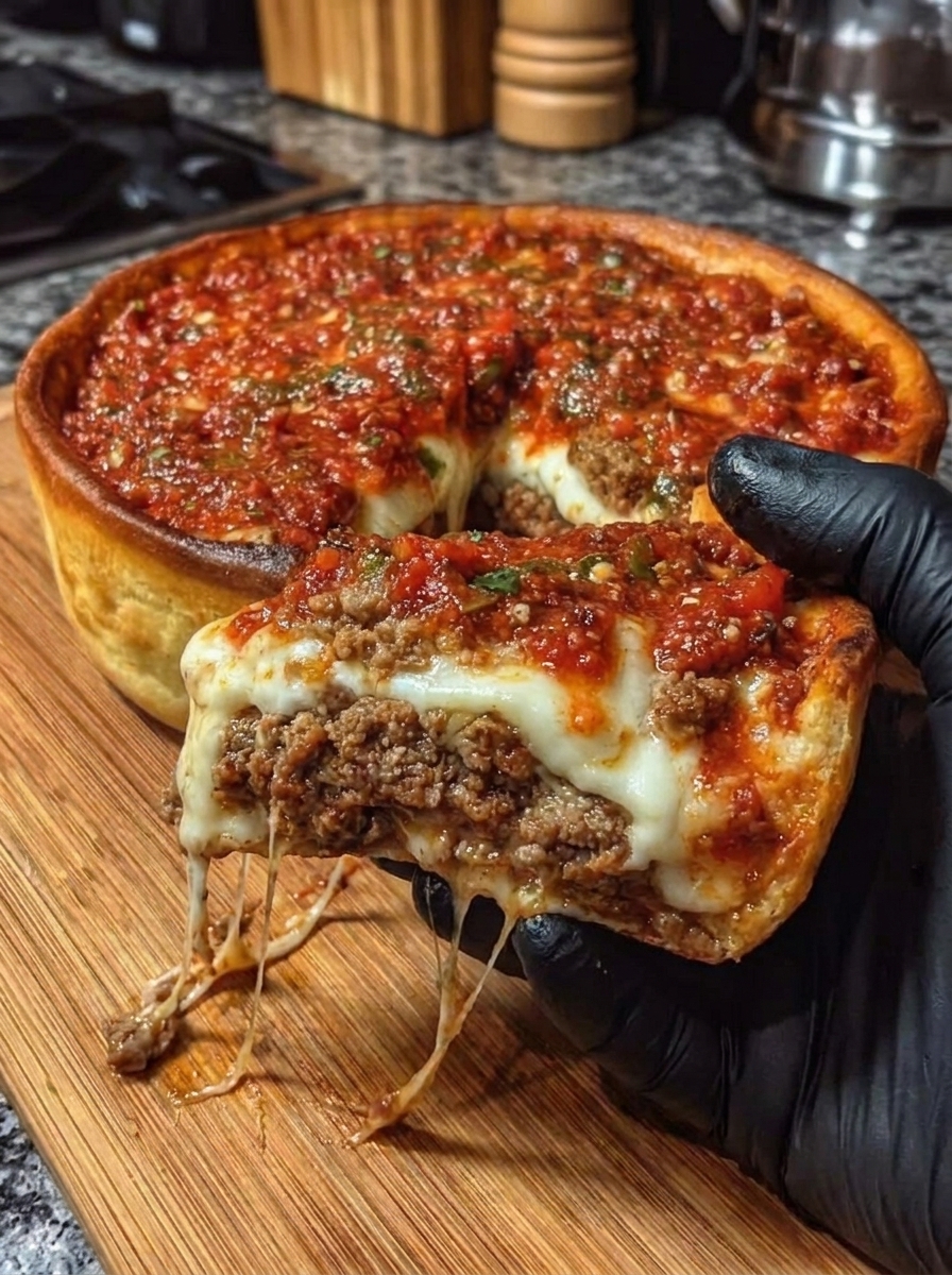 A slice of deep dish meat lovers pizza.