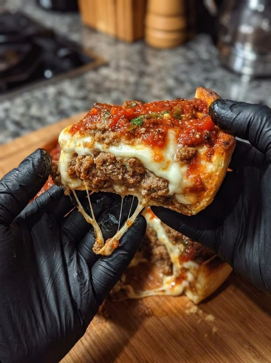 A person is holding a slice of deep dish meat lovers pizza.
