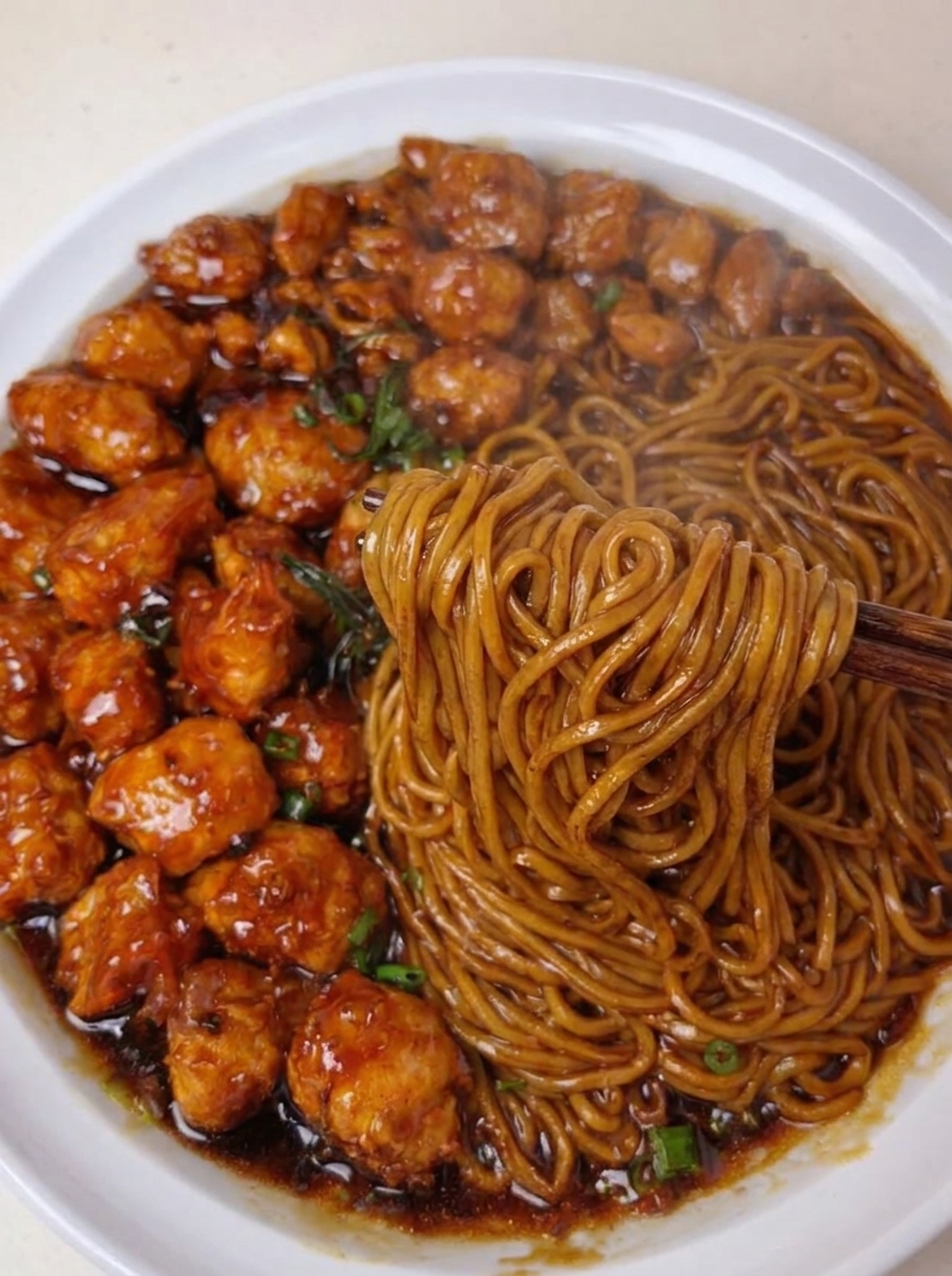 A plate of orange chicken and noodles.
