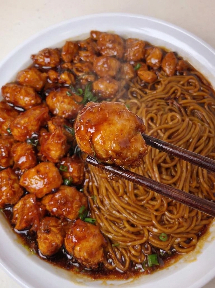 A plate of Chinese food with orange chicken and noodles.