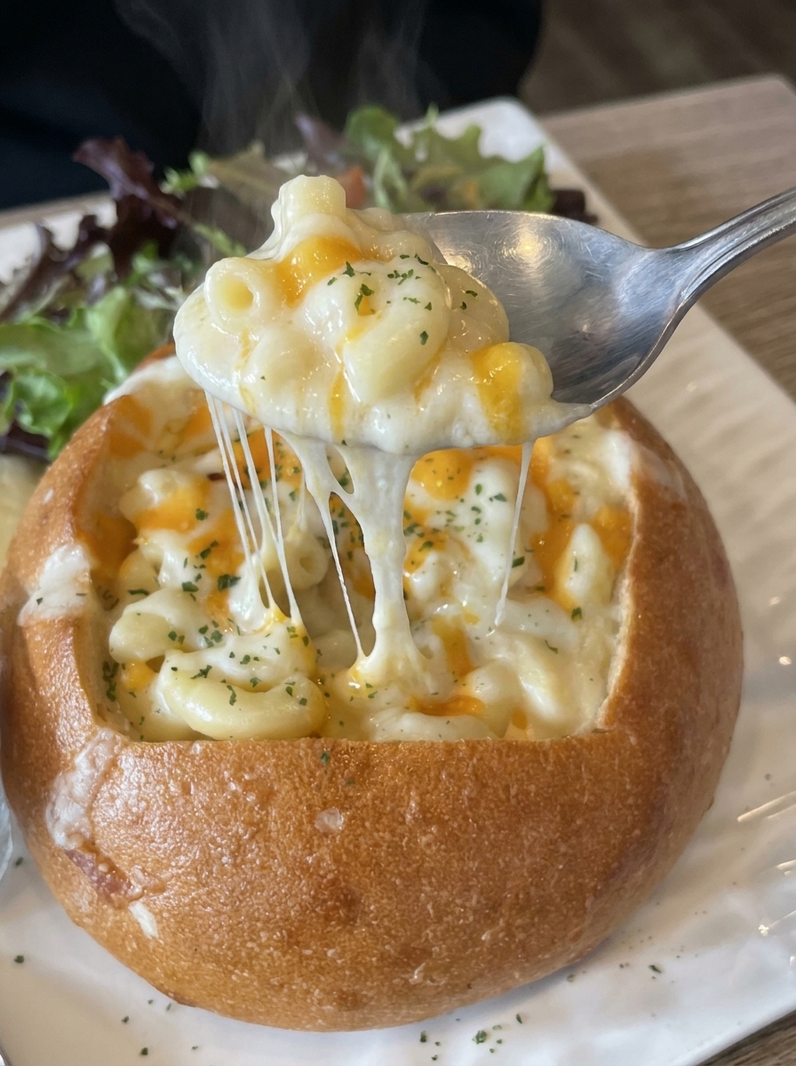 A creamy mac and cheese bread bowl.