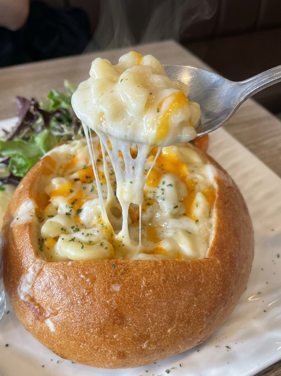 A creamy mac and cheese bread bowl.