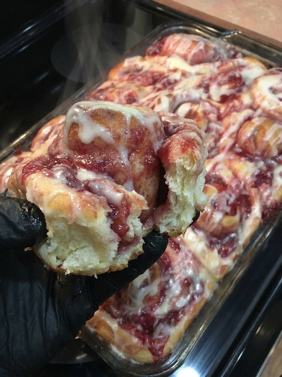A person is holding a piece of strawberry cheesecake cinnamon rolls.