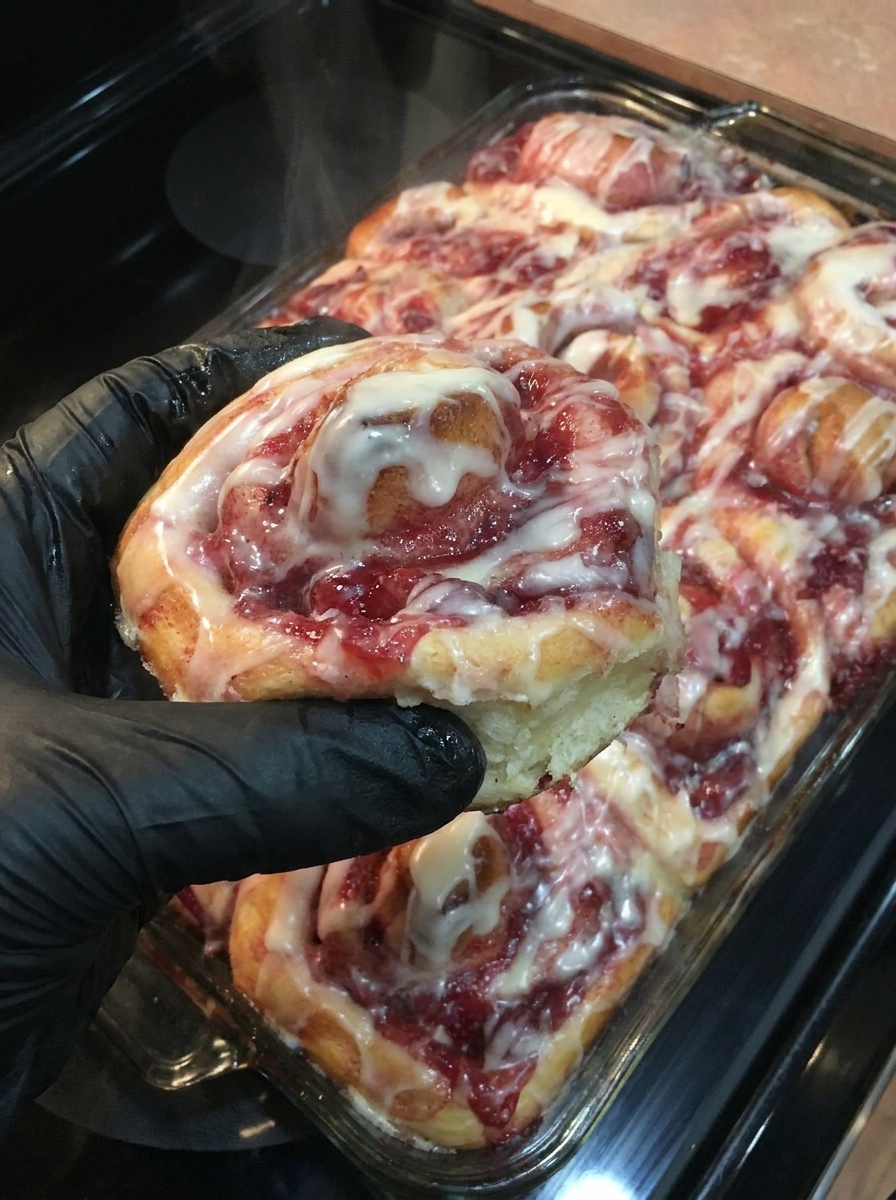 A person is holding a piece of a cinnamon roll with strawberry cheesecake filling.