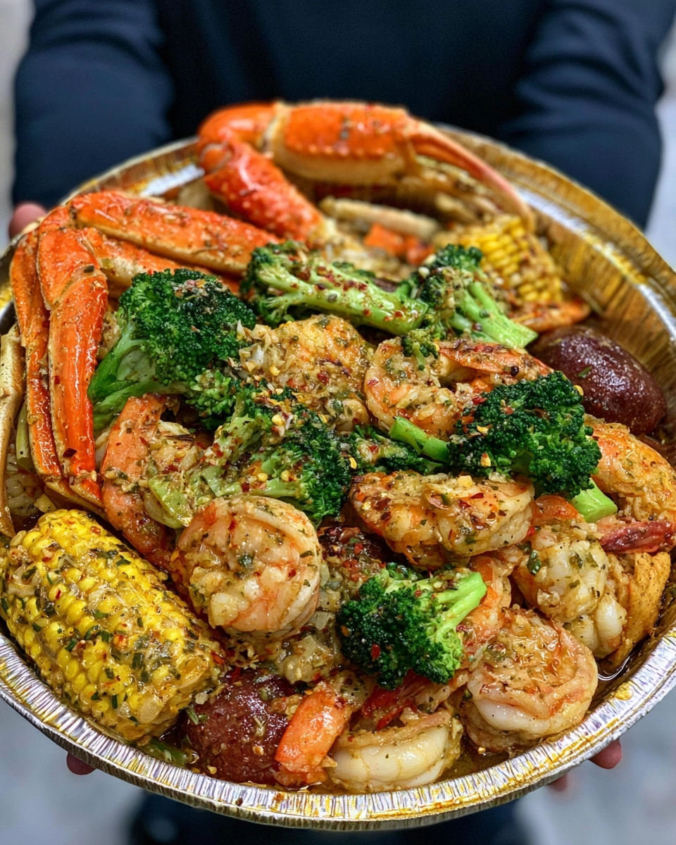A plate of shrimp and crab boil with broccoli.