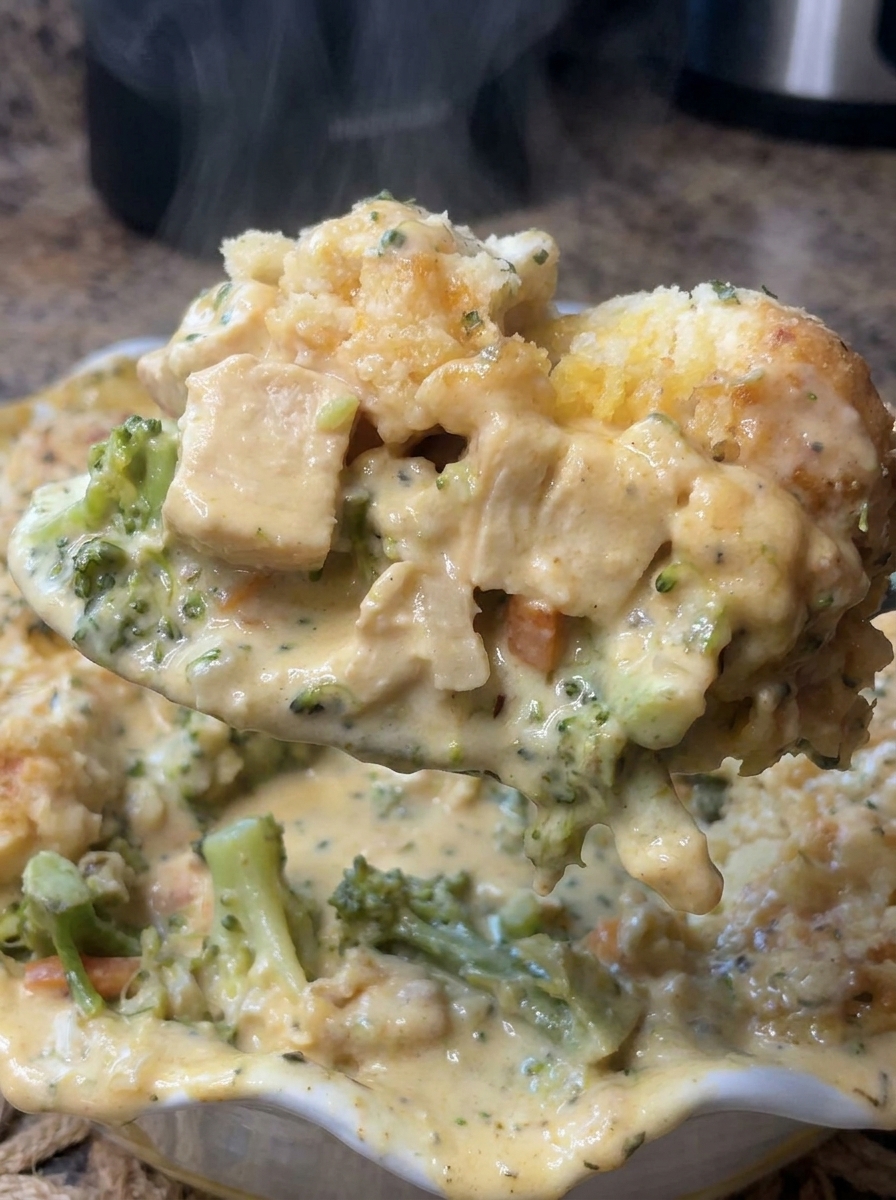 A spoonful of cheddar bay chicken and broccoli pot pie.