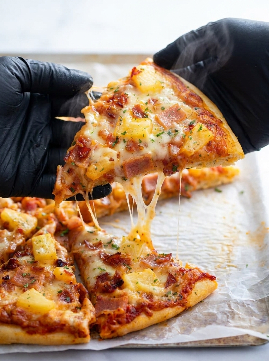 A slice of pizza with ham and pineapple.