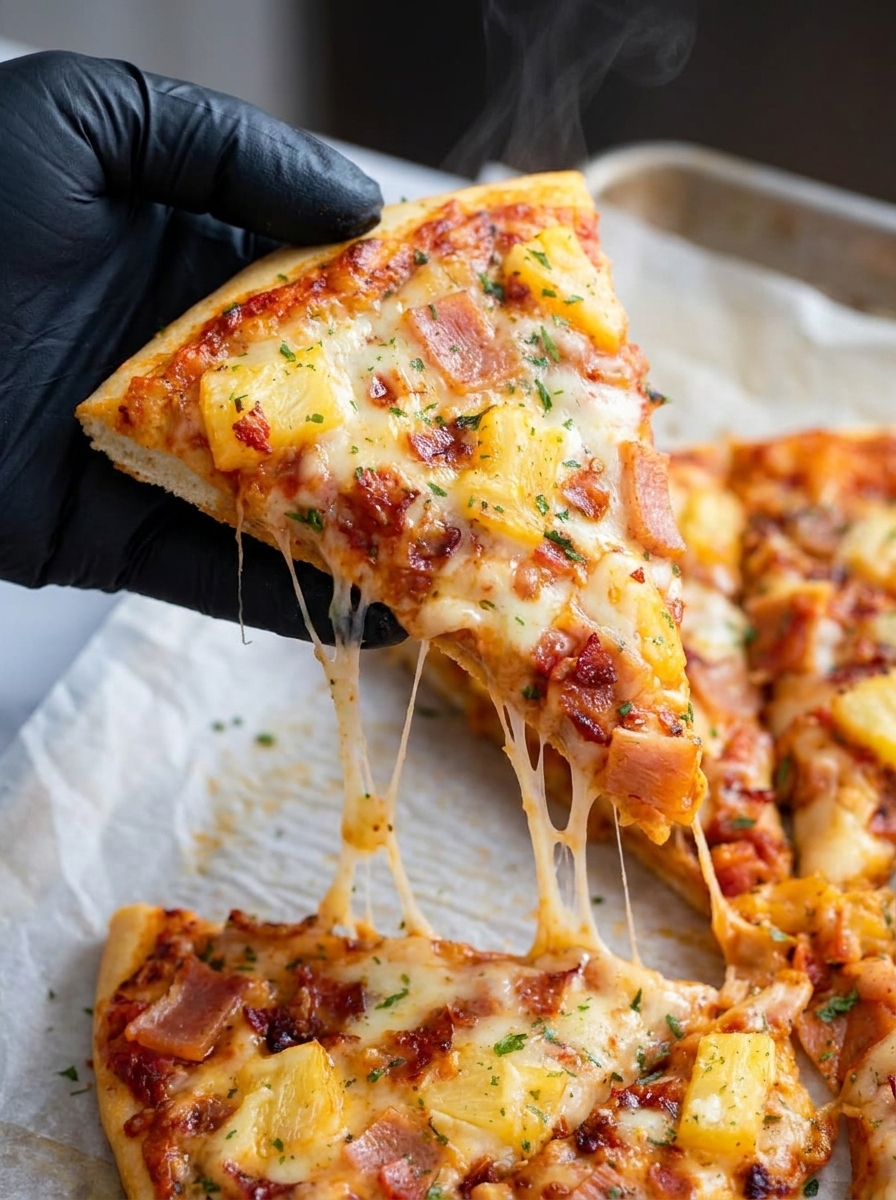 A slice of pizza with ham and pineapple.