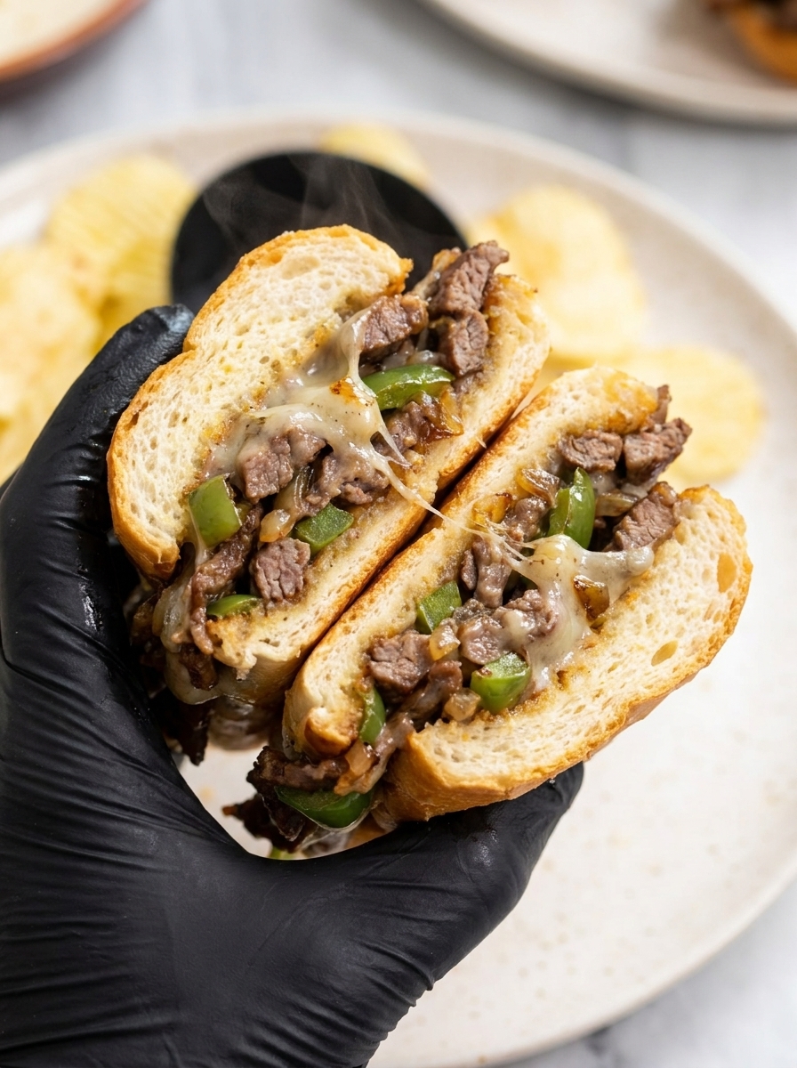 A person holding a sandwich with meat and cheese.