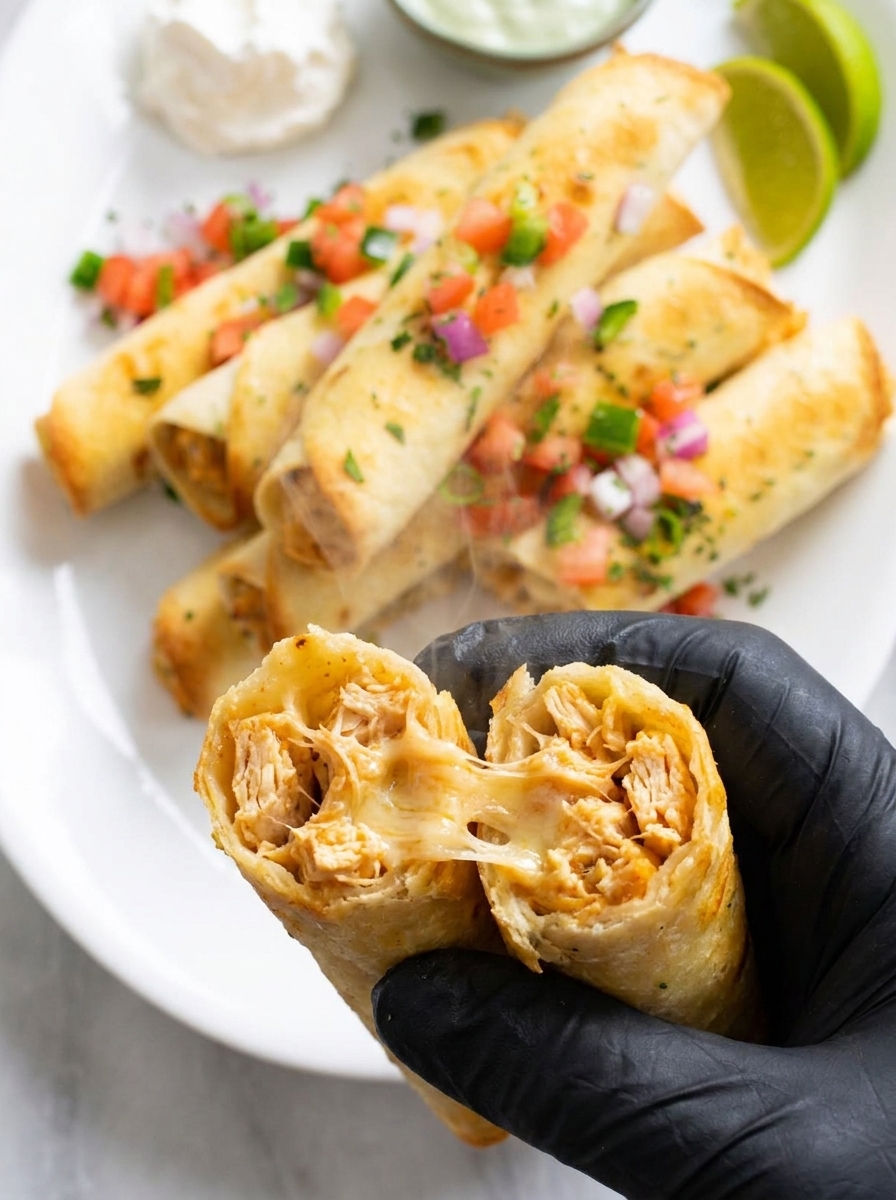A person is holding a chicken taquito.