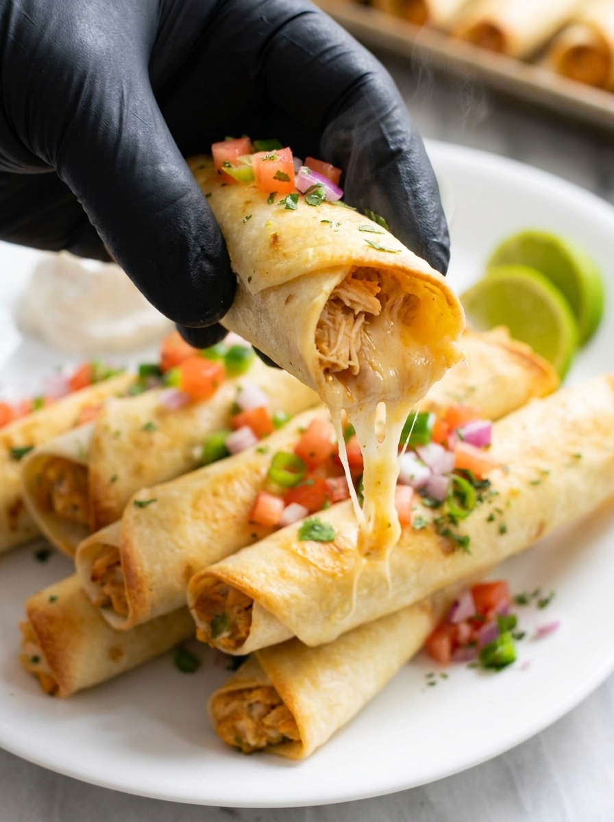 A hand is holding a chicken taquito.