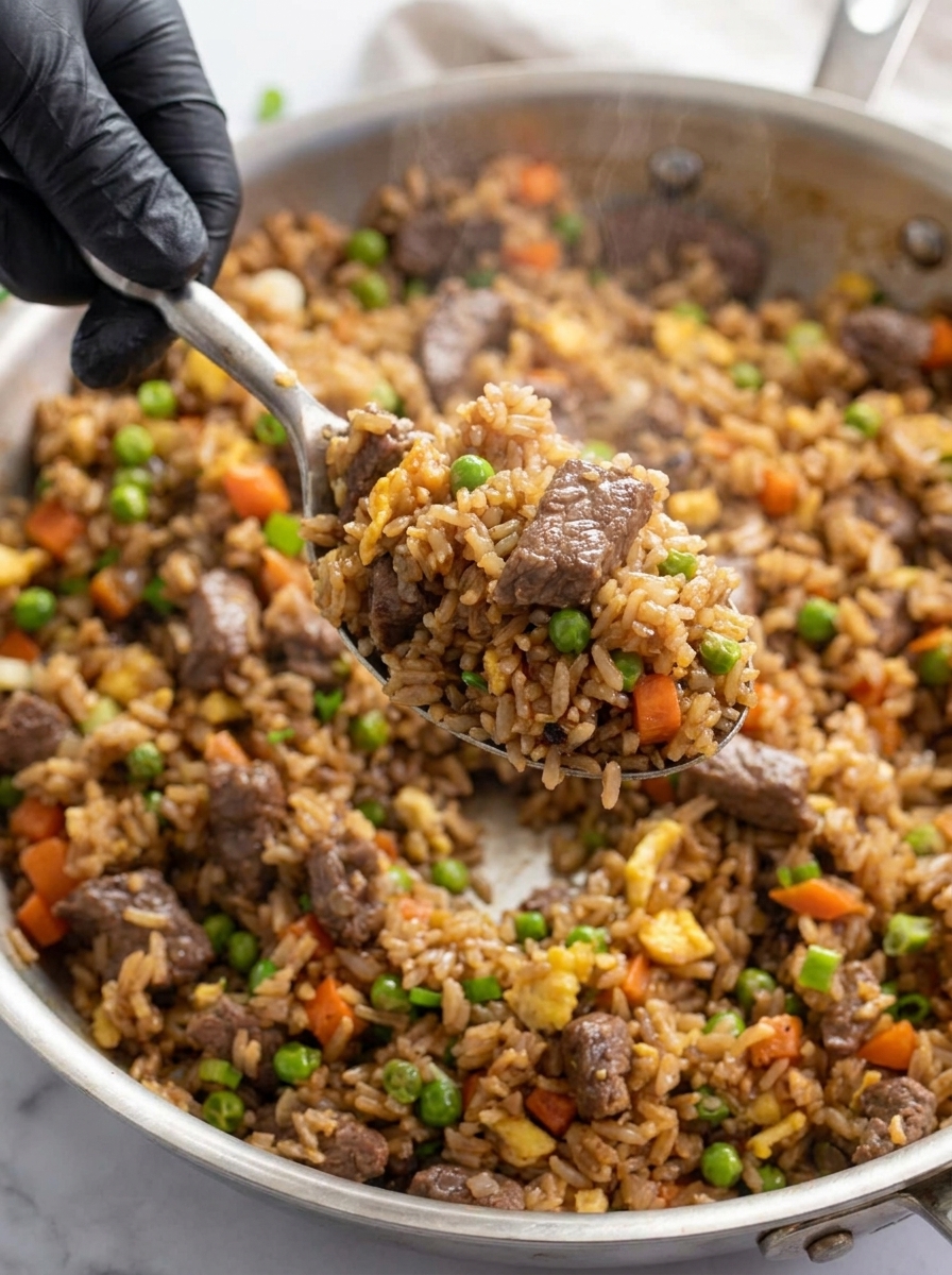 A spoon is being used to scoop beef fried rice.