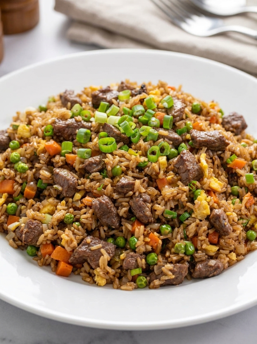 A plate of beef fried rice.