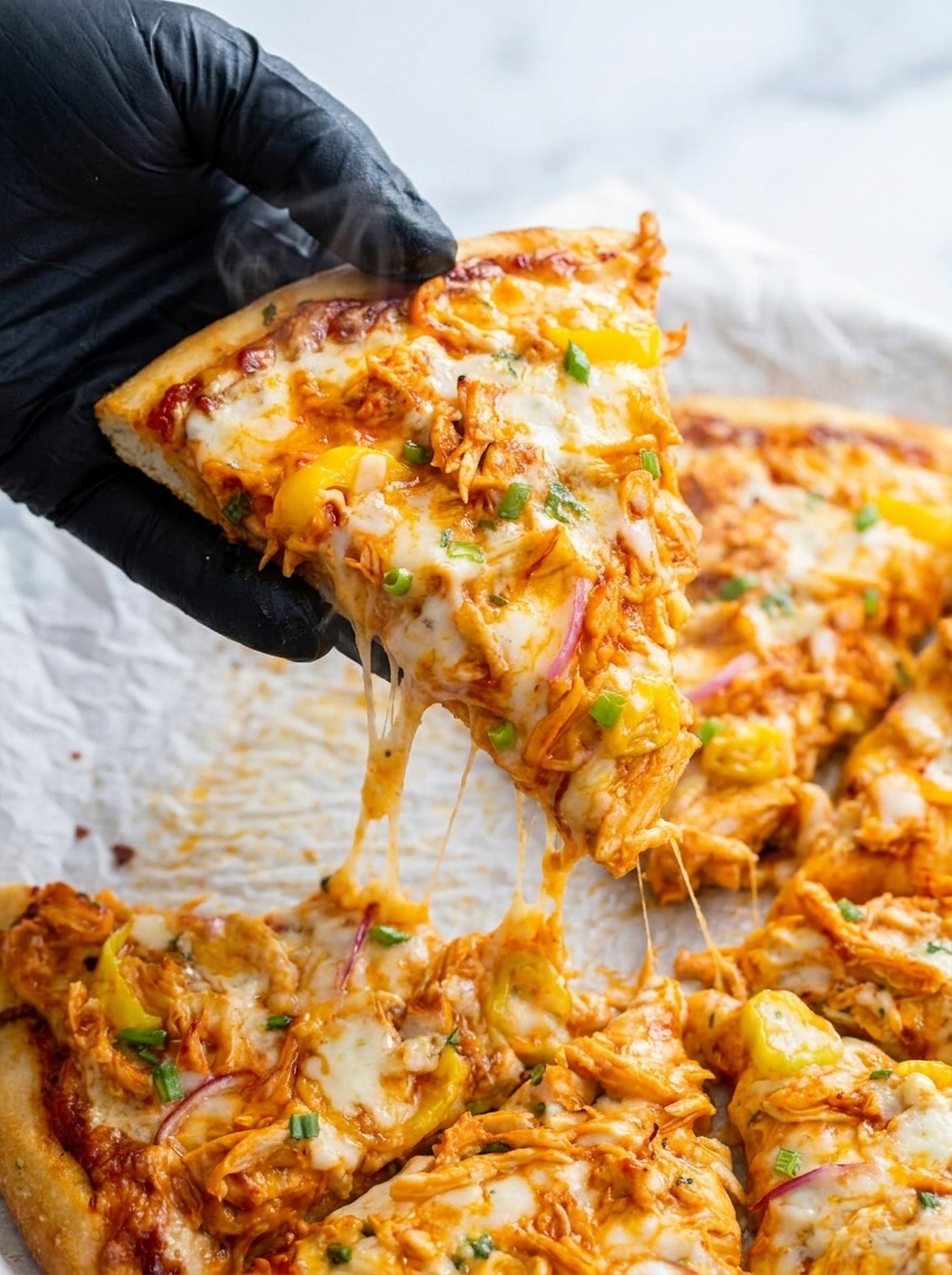 A slice of buffalo chicken pizza with cheese dripping off.