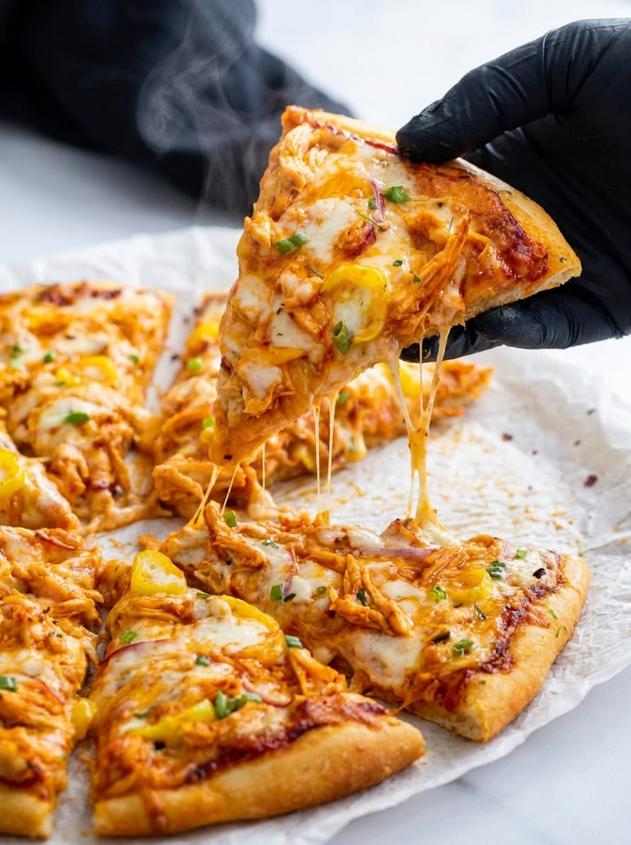 A slice of buffalo chicken pizza being eaten.