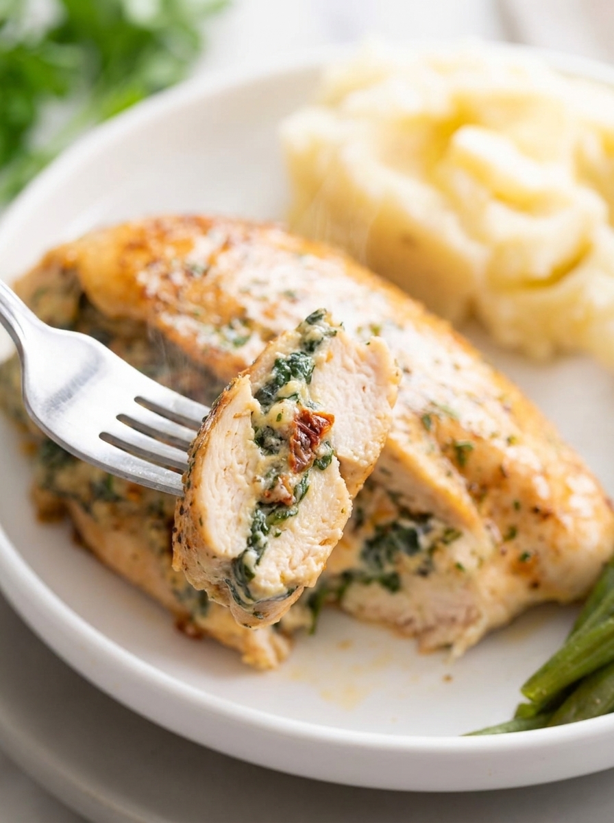 A fork is holding a piece of stuffed chicken.