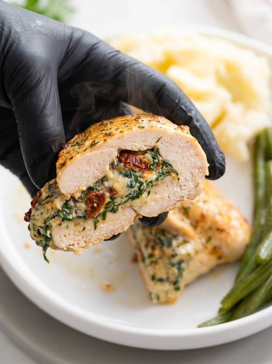 A hand holding a stuffed chicken breast.