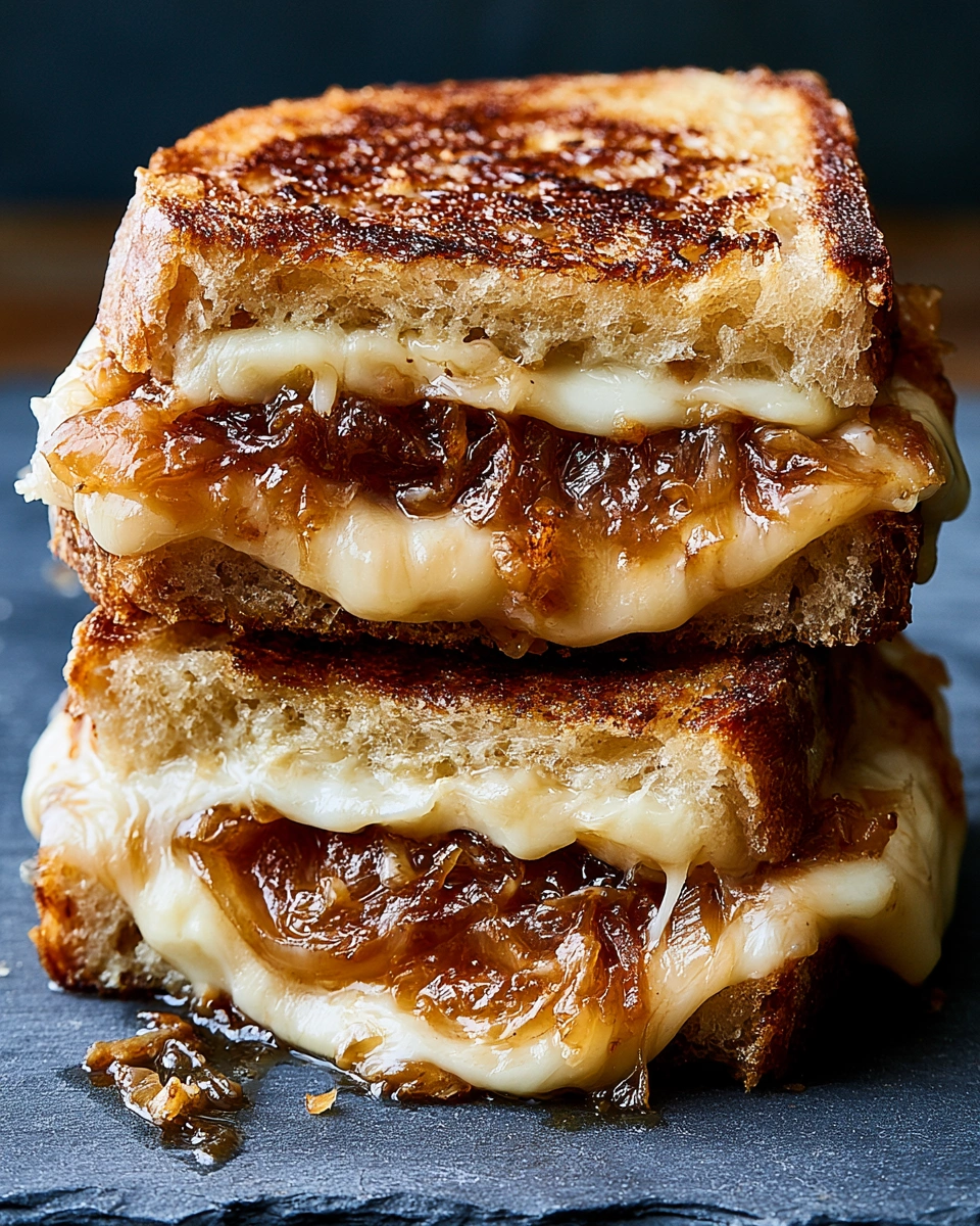 A stack of French Onion Grilled Cheese sandwiches.
