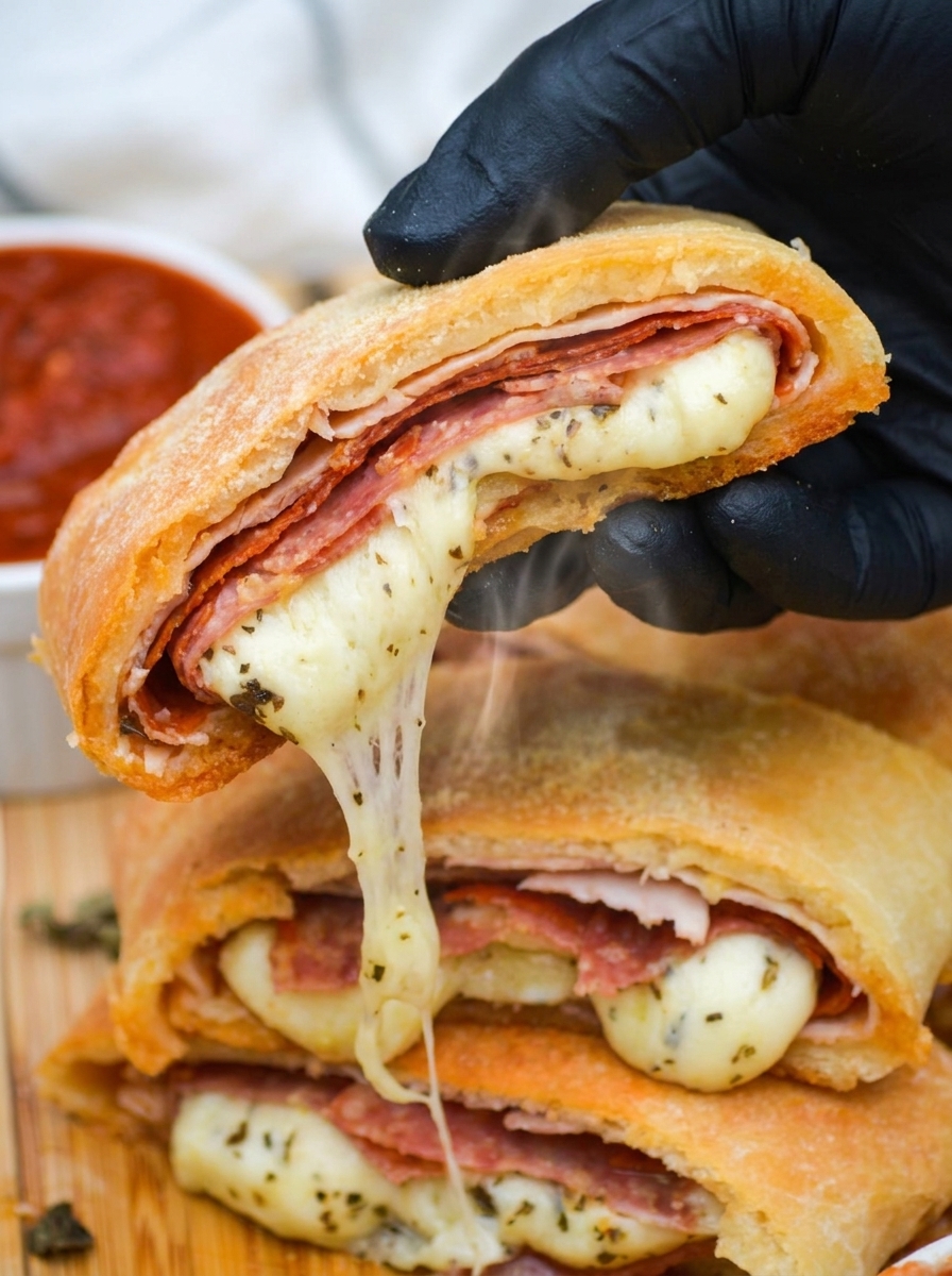 A hand holding a piece of food.