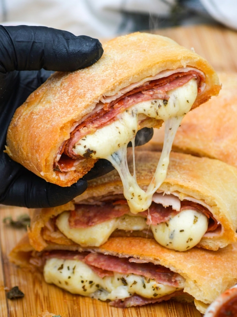 A hand holding a slice of meat and cheese stromboli.