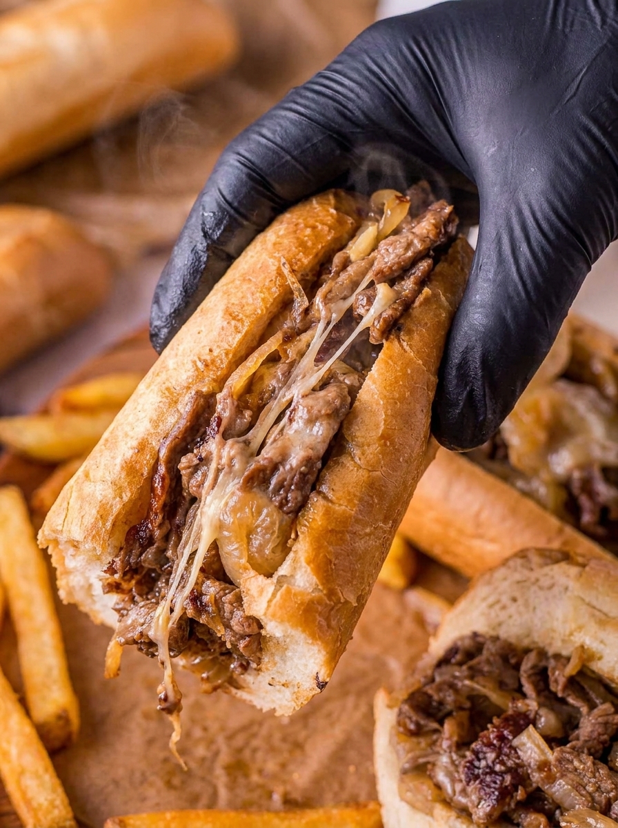A person is holding a traditional Philly cheesesteak with ribeye and onions.