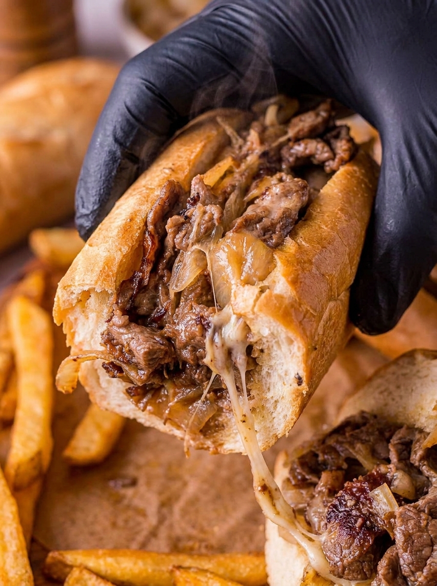 A person is holding a traditional Philly cheesesteak with ribeye and onions.