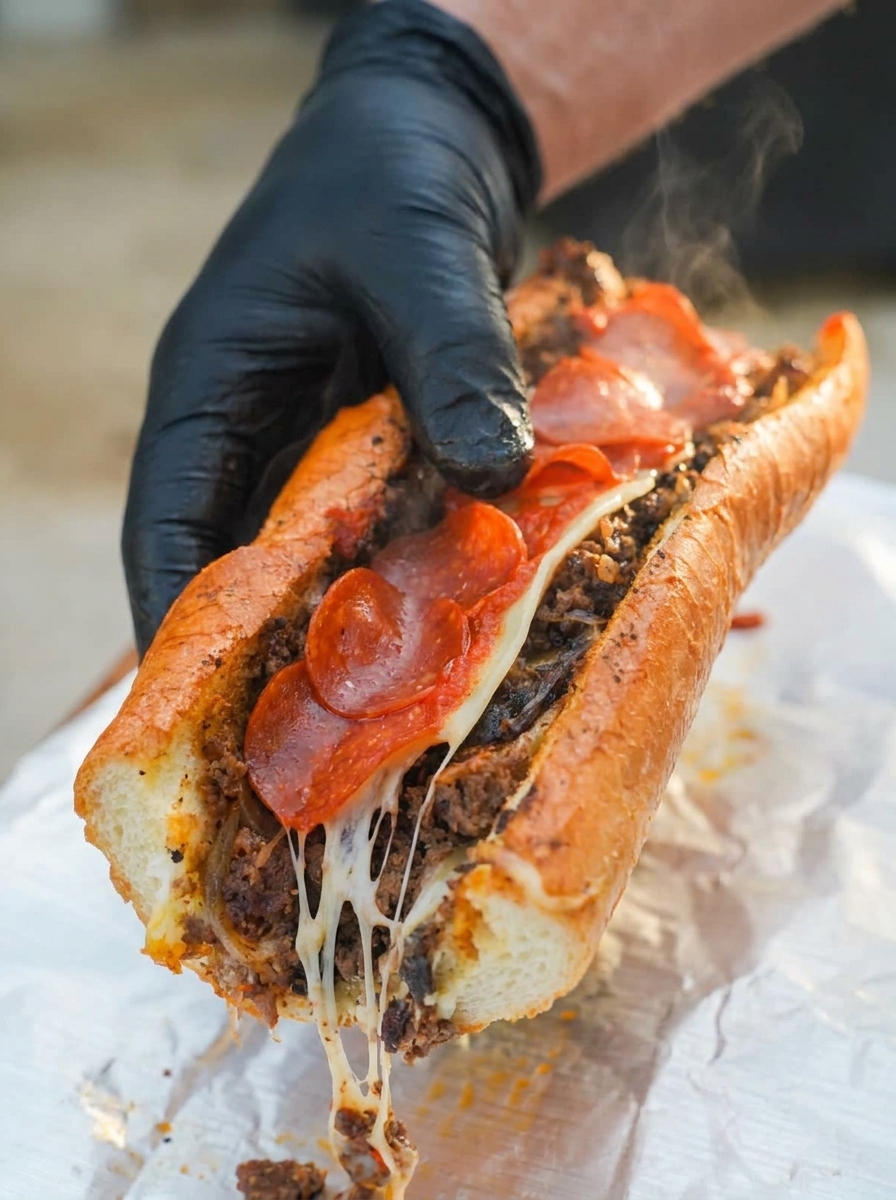 A person holding a pizza cheesesteak.