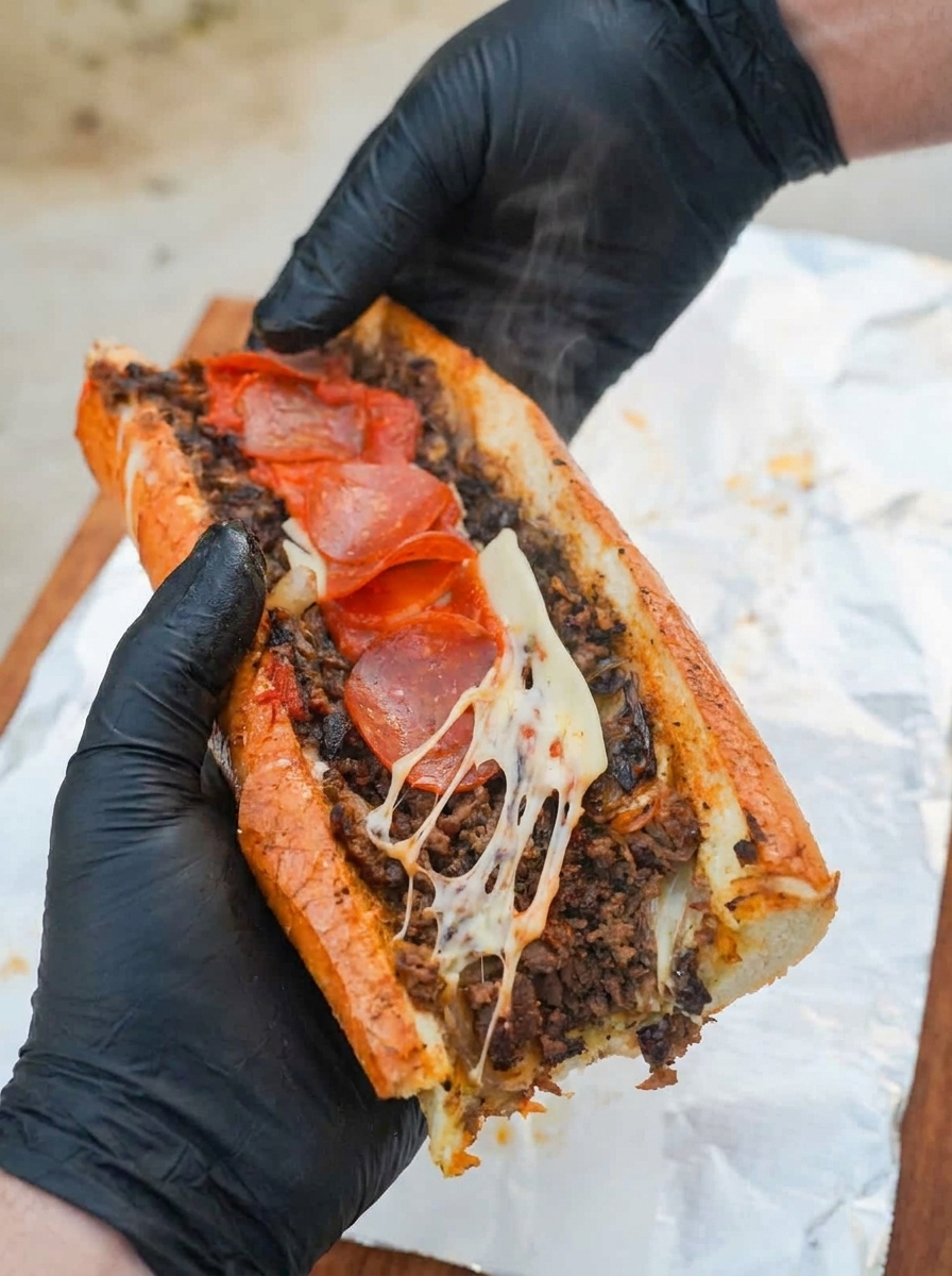 A hand holding a pizza cheesesteak.