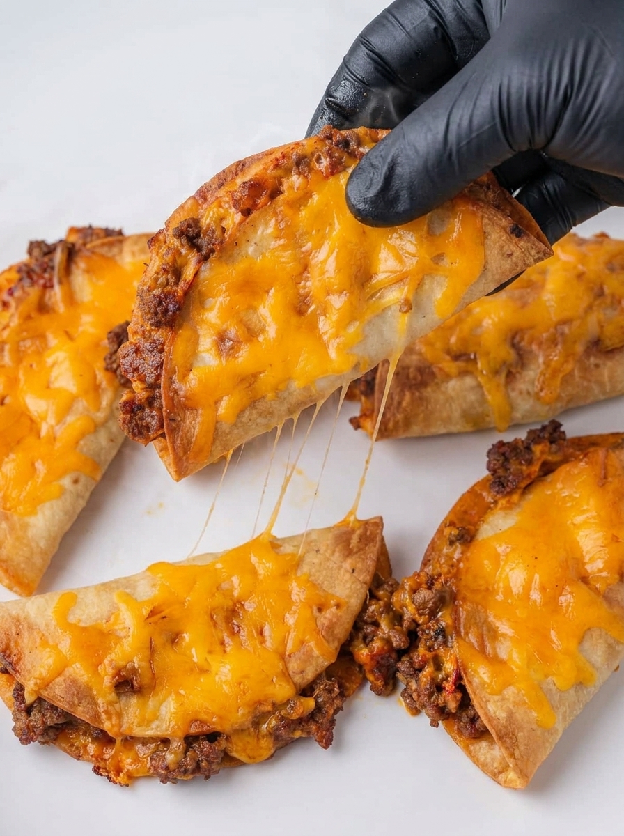 A person is cutting a cheese-filled taco on a white plate.