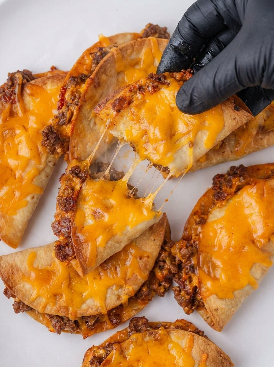 A person is cutting a taco with a knife.