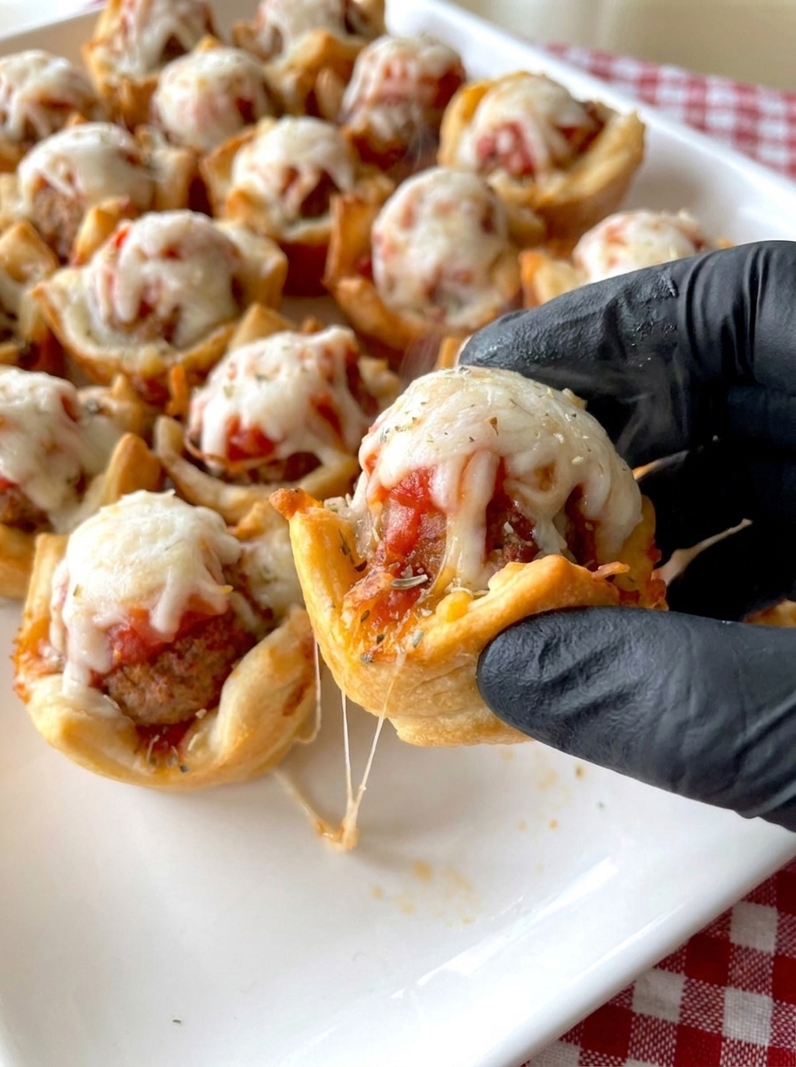 A hand is holding a mini meatball cupcake.