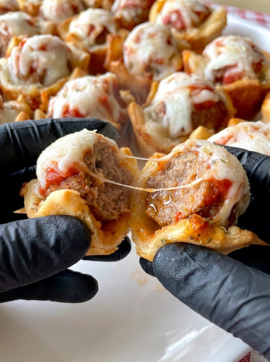 A person is holding a mini meatball cupcake.